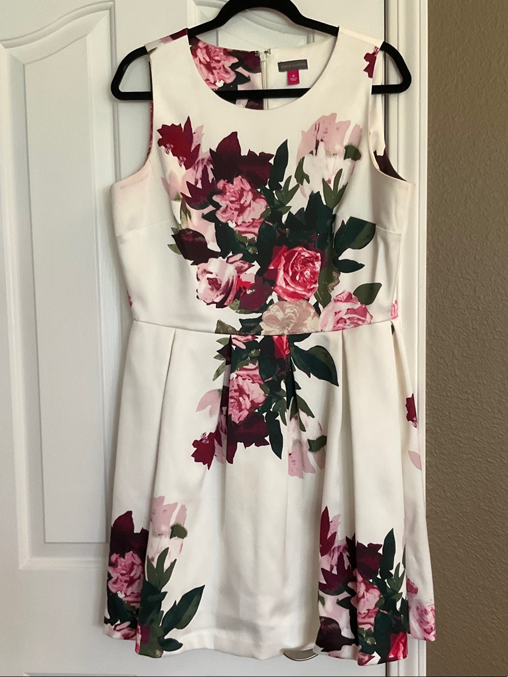 Floral Fit & Flare' Dress - White with Pink & Green Blossom Print